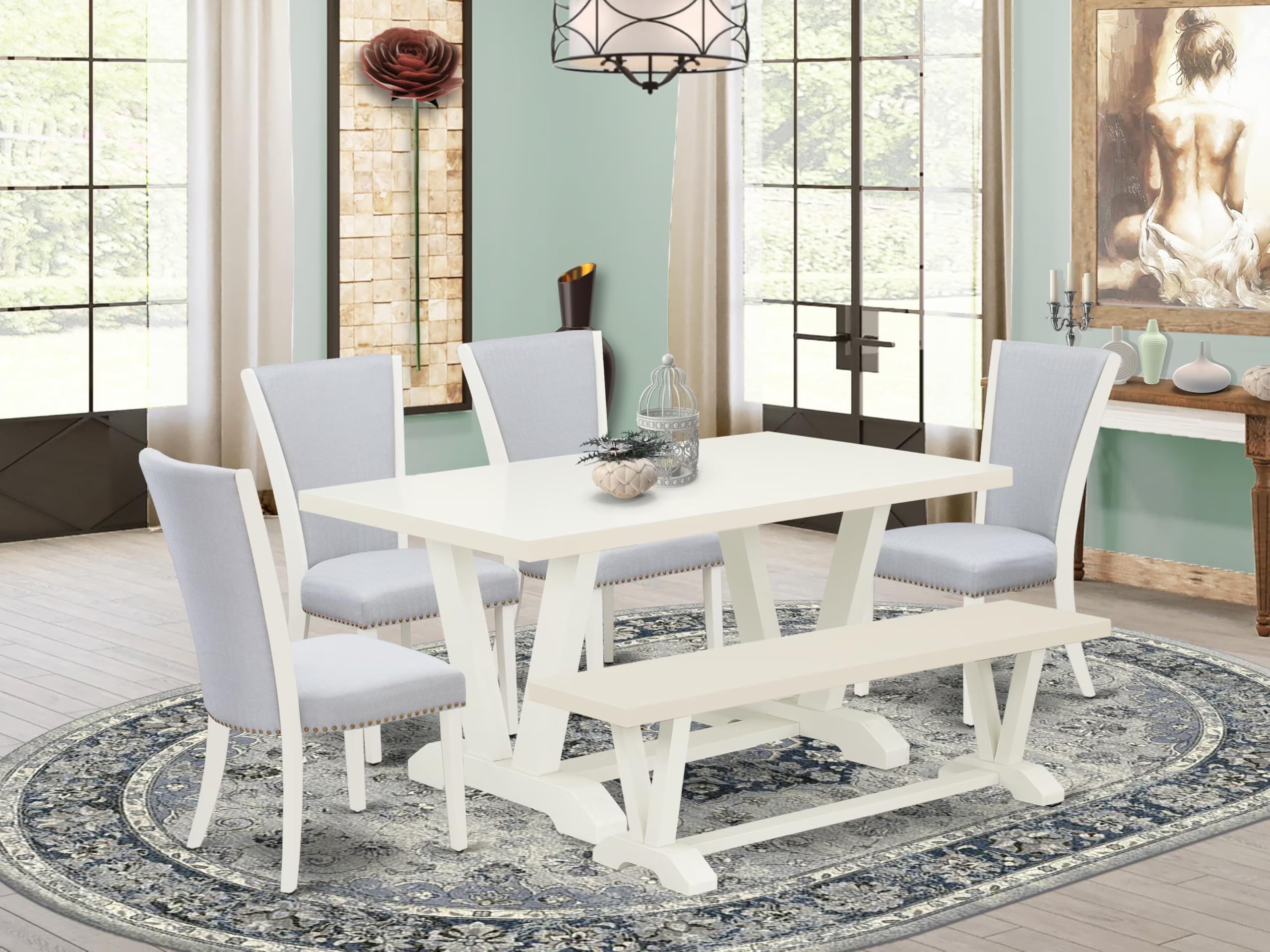 East West Furniture V026VE005-6 6 Piece Dinette Set Contains a Rectangle Dining Room Table with V-Legs and 4 Grey Linen Fabric Parson Chairs with a Bench, 36x60 Inch, Multi-Color